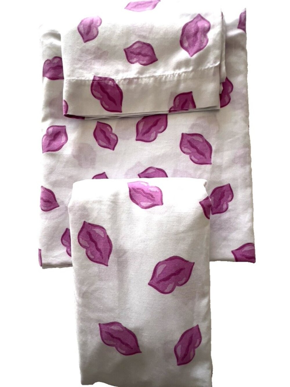 HOT LIPS Twin Sheet Set 3-pc Kisses Fuscia Pink & White SPRINGS 1980s Vintage